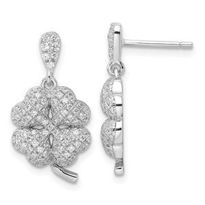 925 Sterling Silver & CZ Brilliant Embers 4-Leaf Clover Dangle Post Earrings